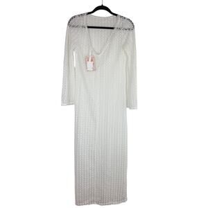 NWT Sunfere Womens Long Sleeve Open Knit Crochet Swimsuit White Cover-Up Dress